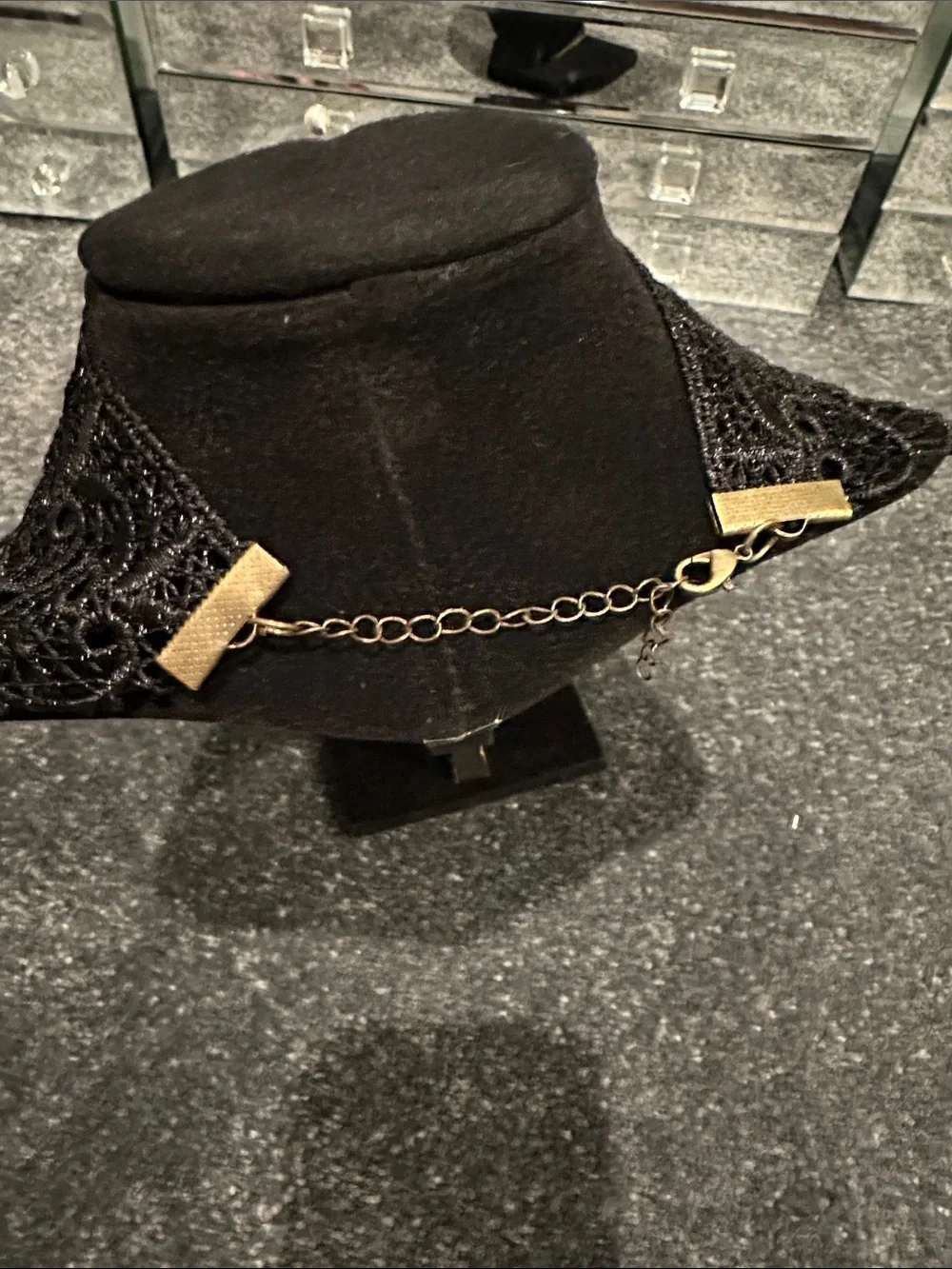 Victorian-Inspired Black Lace Choker Necklace with Gold Accents Chocker